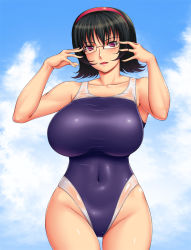 Rule 34 | 1girl, ameoto, bare shoulders, black hair, breasts, cloud, covered navel, curvy, day, female focus, glasses, hair ornament, hairband, huge breasts, one-piece swimsuit, original, purple eyes, short hair, sky, solo, standing, swimsuit, thigh gap