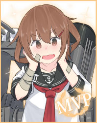Rule 34 | 1girl, absurdres, bandaged arm, bandages, bandaid, bandaid on arm, bandaid on face, brown eyes, brown hair, cannon, commission, fang, hair ornament, hairclip, highres, ikazuchi (kancolle), inica, kantai collection, neckerchief, pixiv commission, red neckerchief, rigging, short hair, skin fang, smokestack, solo, turret, upper body