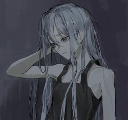 Rule 34 | 1girl, absurdres, black tank top, blue eyes, closed mouth, collarbone, flat chest, grey background, grey hair, hand in own hair, highres, long hair, looking to the side, project sekai, sidelocks, simple background, solo, swept bangs, tank top, upper body, yoisaki kanade, yrdd
