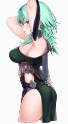Rule 34 | 1girl, armlet, arms up, black dress, breasts, byleth (female) (fire emblem), byleth (fire emblem), dancer, dancer (fire emblem: three houses), dress, fire emblem, fire emblem: three houses, from side, green eyes, green hair, highres, large breasts, looking to the side, nasubi06, nintendo, parted lips, sideboob, simple background, solo, white background