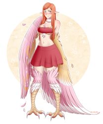 Rule 34 | artist name, bird legs, blush, commentary, commission, english commentary, feathered wings, feathers, harpy, long hair, midriff, monster girl, neck ruff, orange hair, original, parted bangs, pink feathers, pink wings, pointy ears, red skirt, red tube top, selirum, skirt, strapless, sweatdrop, talons, tube top, white background, winged arms, wings, yellow feathers, yellow wings
