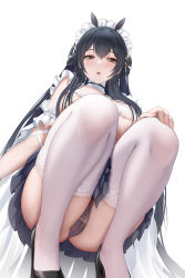 Rule 34 | 1girl, absurdres, apron, ass, azur lane, black hair, black skirt, blush, breasts, green eyes, hair between eyes, high heels, highres, hong bai, indomitable (azur lane), indomitable (ms. motivationless maid) (azur lane), large breasts, legs, long hair, looking at viewer, maid apron, maid headdress, panties, parient:5428303, patent heels, pumps, pussy, shoes, skirt, solo, squatting, thighhighs, underwear, white thighhighs