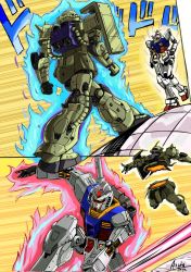 Rule 34 | arata (arata333333), aura, beam saber, bisected, gundam, hand on own hip, highres, holding, holding sword, holding weapon, jojo no kimyou na bouken, mecha, meme, menacing (jojo), mobile suit, mobile suit gundam, no humans, oh? you&#039;re approaching me? (meme), one-eyed, robot, rx-78-2, scene reference, science fiction, shoulder spikes, spikes, stardust crusaders, sword, v-fin, weapon, yellow eyes, zaku ii, zeon