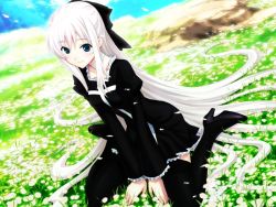 Rule 34 | 1girl, alice soft, alivez, black dress, black thighhighs, blue eyes, blush, boots, bow, choker, day, dress, dutch angle, flower, frills, game cg, grass, hair bow, high heels, long hair, mutsumi masato, nature, on ground, outdoors, shoes, sitting, sky, smile, solo, takekawa ibara, thigh boots, thighhighs, very long hair, wariza, white hair