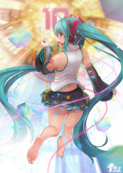 Rule 34 | 1girl, arm warmers, barefoot, blue eyes, blue hair, blush, feet, hatsune miku, headset, highres, long hair, looking at viewer, looking back, open mouth, panties, soles, striped clothes, striped panties, toes, twintails, underwear, vocaloid
