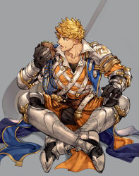Rule 34 | 1boy, armor, armored boots, bara, black gloves, black pants, blonde hair, boots, burger, eating, food, food on face, gloves, granblue fantasy, green eyes, highres, holding, holding food, indian style, large pectorals, male focus, muscular, muscular male, open mouth, pants, pauldrons, pectorals, ricemune723623, short hair, shoulder armor, single pauldron, sitting, solo, undercut, vambraces, vane (granblue fantasy), weapon, weapon behind back