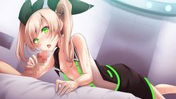 Rule 34 | 1girl, bed sheet, black bow, black skirt, blonde hair, bow, censored, collared shirt, dress shirt, flat chest, game cg, green eyes, grey shirt, hair bow, imminent fellatio, long hair, lying, miniskirt, mosaic censoring, nipples, official art, on stomach, open clothes, open mouth, open shirt, penis, shirt, skirt, sleeveless, sleeveless shirt, solace polyhymnia, sora no kanata no dystopia x shitei, tongue, tongue out, twintails, wing collar