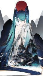 Rule 34 | 1girl, absurdres, aqua hair, arm at side, chinese commentary, commentary request, cowboy shot, earrings, facing away, from behind, hand up, hatsune miku, highres, hoop earrings, jewelry, long hair, nail polish, nay akane, red nails, see-through, single bare shoulder, solo, standing, twintails, very long hair, vocaloid