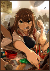 Rule 34 | 10s, 1girl, akagi (kancolle), armor, blocking, bowl, brown eyes, brown hair, chopsticks, commentary, crowd, eating, english text, engrish text, food in mouth, fork, glaring, glint, japanese clothes, kantai collection, long hair, muneate, omuraisu echizen, outstretched arm, ranguage, reaching, rice bowl, sign, silhouette, skull and crossbones, solo, sweat, tasuki, tray