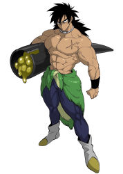 Rule 34 | 1boy, :/, abs, bad id, bad pixiv id, bara, black eyes, black hair, blue legwear, boots, broly (dragon ball super), bulge, carrying, carrying under arm, dark-skinned male, dark skin, dragon ball, dragon ball super, dragon ball super broly, frown, full body, highres, holding, holding clothes, jewelry, large pectorals, legs apart, long hair, looking away, male focus, medium hair, muscular, muscular male, navel, neck ring, nipples, no nipples, pants, pectorals, scar, scar on chest, simple background, skin tight, solo, spiked hair, stomach, thighs, tight clothes, tight pants, topless male, torawar, veins, white background, white footwear, wristband