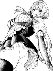 Rule 34 | 1girl, apron, ass, breasts, dress, elbow gloves, frilled dress, frills, from below, gloves, greyscale, grin, highres, ice reizou, large breasts, long hair, looking at viewer, maid, maid headdress, monochrome, no panties, original, puffy short sleeves, puffy sleeves, short dress, short sleeves, simple background, skindentation, smile, solo, thighhighs, underbust, waist apron, white background