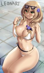 Rule 34 | 1girl, breasts, brown hair, cleavage, commentary, genshin impact, green eyes, hair ornament, highres, large breasts, leonart, lisa (genshin impact), long hair, midriff, navel, no headwear, no headwear, parted lips, poolside, sitting, smile, solo, thighs