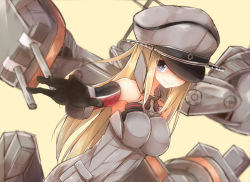 Rule 34 | 10s, 1girl, armor, bare shoulders, bismarck (kancolle), black gloves, blonde hair, blue eyes, blurry, breastplate, cannon, depth of field, detached sleeves, gloves, hat, hat over one eye, kantai collection, long hair, looking at viewer, military, military hat, military uniform, mizushina minato, one eye covered, outstretched arm, peaked cap, smile, solo, uniform