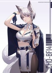 Rule 34 | 1girl, absurdres, animal ear fluff, animal ears, blue ribbon, breasts, character name, cleavage, commentary, cowboy shot, daeho cha, dated commentary, earrings, eyebrows hidden by hair, fox ears, fox girl, fox tail, gauntlets, grey background, grey hair, grey tail, hand up, highres, jacket, jacket on shoulders, jewelry, looking at viewer, medium breasts, multiple tails, neck ribbon, original, parted lips, pelvic curtain, purple eyes, ribbon, short hair, signature, single gauntlet, solo, tail, tank top, teeth, white ribbon, white tank top, wrist ribbon