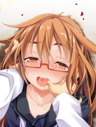 Rule 34 | 10s, 1girl, blush, brown eyes, brown hair, finger in another&#039;s mouth, glasses, gradient background, highres, kantai collection, long hair, looking at viewer, mochizuki (kancolle), mouth pull, ogami kazuki, open mouth, oral invitation, pov, red-framed eyewear, saliva, school uniform, serafuku, short hair, smile, tears, torogao