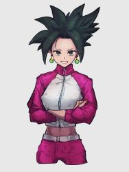 Rule 34 | 1girl, alternate costume, black eyes, black hair, crossed arms, dragon ball, dragon ball super, earrings, grey background, jacket, jewelry, kefla (dragon ball), kemachiku, looking at viewer, midriff, multicolored clothes, multicolored jacket, navel, pink jacket, potara earrings, short hair, simple background, smile, solo, track jacket, two-tone jacket, white jacket