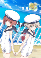 Rule 34 | 10s, 2girls, alternate costume, bare shoulders, blonde hair, blunt bangs, blush, brown eyes, cover, cover page, day, dress, green eyes, hat, highres, holding hands, interlocked fingers, kantai collection, lifebuoy, looking at viewer, multiple girls, nanao naru, neckerchief, sailor collar, sailor dress, short hair, swim ring, white dress, white hat, z1 leberecht maass (kancolle), z3 max schultz (kancolle)