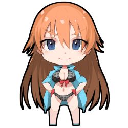 Rule 34 | &gt;:), 1girl, bikini, black bikini, blue eyes, blush, breasts, brown hair, checkered bikini, checkered clothes, chibi, cleavage, closed mouth, fuotchan, hair between eyes, hands on own hips, large breasts, long hair, looking at viewer, open clothes, open shirt, original, shirt, simple background, sleeves rolled up, smile, solo, standing, swimsuit, v-shaped eyebrows, white background