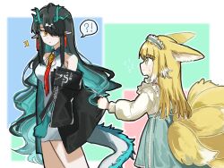Rule 34 | !?, 2girls, animal ear fluff, animal ears, aqua skirt, arknights, bare shoulders, black hair, black jacket, blonde hair, blunt ends, cardigan, chinese commentary, closed mouth, collared dress, colored inner hair, commentary request, cross-laced clothes, cross-laced skirt, cross-laced slit, dragon girl, dragon horns, dragon tail, dress, dusk (arknights), earrings, elbow gloves, feet out of frame, flying sweatdrops, fox ears, fox girl, fox tail, gloves, green eyes, green gloves, green hair, hair over one eye, high-waist skirt, highres, horns, jacket, jewelry, kitsune, kyuubi, long hair, long sleeves, multicolored hair, multiple girls, multiple tails, necktie, off shoulder, official alternate costume, pointy ears, puffy long sleeves, puffy sleeves, red necktie, short dress, skirt, sleeveless, sleeveless dress, spoken interrobang, suzuran (arknights), suzuran (spring praise) (arknights), sweatdrop, tail, two-tone hair, very long hair, wavy mouth, white cardigan, white dress, white hair, yu kaoxiang