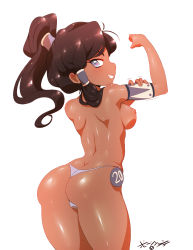 Rule 34 | 1girl, arched back, ass, avatar: the last airbender, avatar legends, back, bad id, bad pixiv id, blue eyes, born-to-die, breasts, brown hair, butt crack, cowboy shot, dark-skinned female, dark skin, flexing, grin, highres, korra, long hair, looking at viewer, looking back, medium breasts, nickelodeon, nipples, ponytail, simple background, smile, solo, the legend of korra, thighs, topless, white background