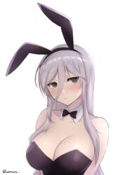 Rule 34 | 1girl, animal ears, artist name, bare shoulders, black bow, black bowtie, black hairband, black leotard, blush, bow, bowtie, breasts, bunny day, cleavage, closed mouth, collarbone, detached collar, fake animal ears, green eyes, grey hair, hair between eyes, hairband, large breasts, lemonrou, leotard, long hair, looking at viewer, playboy bunny, rabbit ears, senkou (senran kagura), senran kagura, senran kagura new link, shiny skin, sidelocks, simple background, solo, strapless, strapless leotard, traditional bowtie, tsurime, twitter username, white background