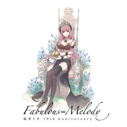 Rule 34 | 1girl, album cover, anniversary, black footwear, black skirt, black thighhighs, blue eyes, blue flower, character name, closed mouth, cover, crossed legs, crown, detached collar, english text, flower, from above, globus cruciger, hair spread out, ixima, long hair, long skirt, looking at viewer, megurine luka, megurine luka (vocaloid4), official art, on chair, pink hair, second-party source, shirt, shoes, simple background, sitting, skirt, smile, solo, strapless, strapless shirt, thighhighs, throne, very long hair, vocaloid, white background, wrist cuffs