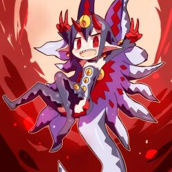 Rule 34 | 1girl, :d, boots, choker, commentary request, desco (disgaea), detached sleeves, disgaea, double v, dress, earrings, extra eyes, floating, gloves, hair between eyes, horns, ikao, jewelry, jingle bell earrings, looking at viewer, makai senki disgaea 4, monster girl, open mouth, partial commentary, pointy ears, purple choker, purple dress, purple footwear, purple hair, purple sleeves, red eyes, red gloves, red horns, ringed eyes, sharp teeth, short hair, sleeveless, sleeveless dress, slit pupils, smile, solo, tail, teeth, tentacles, thigh boots, thighhighs, upper teeth only, v, yellow eyes