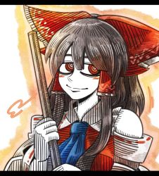 Rule 34 | 1girl, ascot, black hair, blush, blush stickers, bow, colored skin, detached sleeves, hair between eyes, hair bow, hair tubes, hakurei reimu, hatching (texture), letterboxed, linear hatching, looking at viewer, outline, red bow, red eyes, sidelocks, smile, solo, @ @, suenari (peace), touhou, upper body, white skin