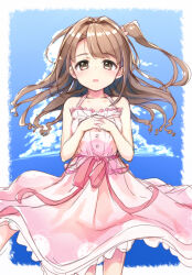 Rule 34 | 1girl, bare shoulders, blue background, blue sky, blush, breasts, brown eyes, brown hair, cloud, cloudy sky, collarbone, cowboy shot, dot nose, dress, floating hair, forehead, frilled dress, frills, hands on own chest, idolmaster, idolmaster cinderella girls, kuresuku (lessons), long hair, open mouth, outside border, own hands together, pink dress, pink ribbon, ribbon, shimamura uzuki, side ponytail, sky, sleeveless, small breasts, solo, spaghetti strap, straight-on, straight hair, waist ribbon, wind, wind lift