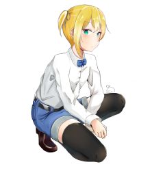 Rule 34 | 1girl, absurdres, black thighhighs, blonde hair, blue bow, blush, bow, bowtie, brown footwear, expressionless, girls&#039; frontline, green eyes, highres, kneeling, loafers, looking at viewer, on one knee, shirt, shoes, shorts, side ponytail, solo, thighhighs, thighs, tomber, welrod mkii (girls&#039; frontline), white background, white shirt