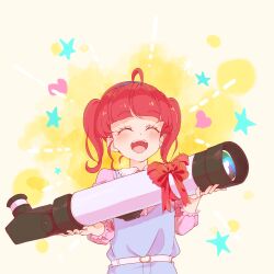 Rule 34 | 1girl, ahoge, belt, blue hairband, blunt bangs, bow, closed eyes, hairband, highres, holding, holding telescope, hoshina hikaru, long hair, long sleeves, nazamaza super, open mouth, pink hair, precure, red bow, smile, solo, star twinkle precure, telescope, twintails