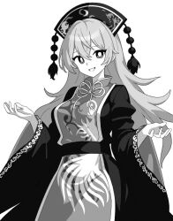 Rule 34 | 1girl, chinese clothes, commentary request, dress, greyscale, hair between eyes, junko (touhou), long hair, long sleeves, looking at viewer, monochrome, onkn sxkn, open mouth, phoenix crown, simple background, smile, solo, tabard, touhou, white background, wide sleeves