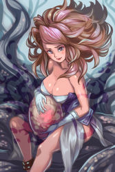 Rule 34 | 1girl, bare shoulders, breasts, brown hair, cleavage, curly hair, dress, egg, gloves, jewelry, kuwango, large breasts, lipstick, long hair, looking at viewer, makeup, misty (saga frontier), saga, saga frontier 2, skirt, smile, solo