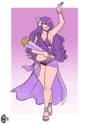 Rule 34 | 1girl, 2019, absurdres, arm up, bikini, bouquet, breasts, camilla (fire emblem), camilla (summer) (fire emblem), cleavage, collarbone, commentary, curvy, english commentary, english text, fire emblem, fire emblem fates, fire emblem heroes, floral print, flower, full body, gradient background, hair flower, hair ornament, hair over one eye, high heels, highres, holding, holding bouquet, long hair, looking to the side, medium breasts, navel, nintendo, official alternate costume, purple background, purple bikini, purple eyes, purple hair, purple sarong, ribbon, sarong, scruffyturtles, see-through sarong, signature, smile, solo, swimsuit, walking, waving, wavy hair