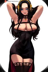 Rule 34 | 1girl, absurdres, arms behind head, bare shoulders, black dress, black footwear, black hair, blue eyes, boots, breasts, cleavage, cosplay, dress, earrings, gold hairband, hairband, highres, jewelry, knife, lady shin, large breasts, long hair, looking at viewer, nico robin, one piece, sheath, sheathed, sidelocks, smile, solo, spy x family, thigh boots, thighhighs, weapon, yor briar, yor briar (cosplay), zettai ryouiki