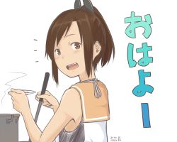 Rule 34 | 10s, 1girl, brown eyes, brown hair, dated, i-401 (kancolle), kantai collection, kawashina (momen silicon), ladle, one-piece swimsuit, ponytail, pot, school swimsuit, school uniform, short hair, short ponytail, signature, solo, swimsuit, swimsuit under clothes, white background