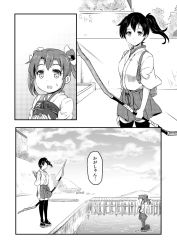 Rule 34 | 10s, 3girls, arrow (projectile), bow (weapon), comic, dock, fairy (kancolle), floating hair, full body, geta, greyscale, hair ribbon, hakama, hakama skirt, hands on own chest, holding, holding bow (weapon), holding weapon, japanese clothes, kaga (kancolle), kantai collection, monochrome, multiple girls, muneate, open mouth, quiver, ribbon, rigging, sakimiya (inschool), scenery, side ponytail, sidelocks, skirt, sky, standing, standing on liquid, sweat, thighhighs, translation request, tree, twintails, wall, weapon, aged down, yumi (bow), zettai ryouiki, zuikaku (kancolle)