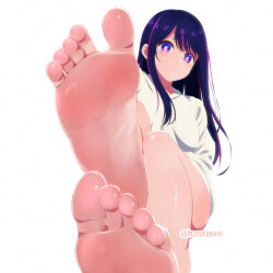 Rule 34 | 1girl, alternate costume, barefoot, blue hair, blush, breasts, closed mouth, commentary request, convenient leg, crossed legs, feet, foot focus, foot up, foreshortening, frown, highres, hoshino ai (oshi no ko), legs, long hair, long sleeves, looking at viewer, medium breasts, mixed-language commentary, multicolored hair, on ground, oshi no ko, parted bangs, purple eyes, purple hair, romaji commentary, shadow, sidelocks, simple background, sitting, soles, spanish commentary, spread toes, star-shaped pupils, star (symbol), streaked hair, swept bangs, symbol-shaped pupils, thighs, toes, twitter username, white background, zorzero