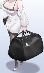Rule 34 | 1girl, absurdres, arknights, bag, bare shoulders, blue background, bra strap, breasts, commentary request, detached sleeves, dress, gins, gradient background, handbag, head out of frame, high heels, highres, large breasts, original, pantyhose, rhodes island logo (arknights), shadow, short dress, solo, standing, strapless, strapless dress, white dress