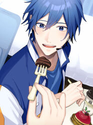 1boy blue_eyes blue_hair blue_shirt blush candy chocolate chocolate_heart collared_jacket commentary cup disembodied_hand disposable_cup feeding food fork hair_between_eyes headset heart highres holding holding_fork jacket kaito_(vocaloid) layered_clothes looking_at_food male_focus multicolored_clothes nokuhashi open_mouth pov pov_hands pudding shirt symbol-only_commentary teeth tongue undershirt upper_teeth_only vocaloid