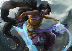 Rule 34 | 1girl, bakamitaii, black hair, cloud, dark-skinned female, dark skin, day, earrings, fingerless gloves, foot out of frame, gloves, highres, holding, holding sword, holding weapon, jewelry, league of legends, long hair, nilah (league of legends), outdoors, profile, solo, sword, very long hair, water, water drop, weapon