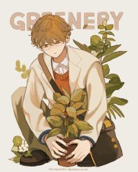 Rule 34 | black bag, brown eyes, brown hair, buttons, closed mouth, coat, cognacbear, collared coat, collared shirt, english text, flower, full body, glasses, highres, leaf, long sleeves, male focus, orange sweater vest, original, plant, potted plant, shirt, simple background, squatting, sweater vest, white background, white coat, white flower, white shirt