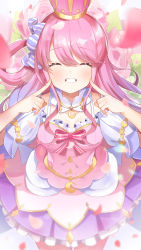 Rule 34 | 1girl, absurdres, bad id, bad pixiv id, blush, candy hair ornament, closed eyes, crown, detached collar, dress, flower, food-themed hair ornament, furuki ayaginutaira, gradient hair, grin, hair ornament, hair rings, highres, himemori luna, himemori luna (1st costume), hololive, jewelry, long hair, looking at viewer, multicolored hair, one side up, open mouth, petals, pink hair, pointing, pointing at self, princess, purple hair, smile, solo, virtual youtuber, wavy hair