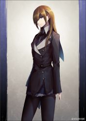 Rule 34 | 1girl, blue eyes, brown hair, commentary request, eyepatch, fate/grand order, fate (series), hair over one eye, jacket, k-suwabe, long hair, long sleeves, looking at viewer, ophelia phamrsolone, pantyhose, sidelocks, skirt, sleeves past wrists, solo, standing, twitter username, upper body