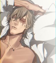 Rule 34 | 1boy, blind, brown hair, final fantasy, final fantasy xv, hair down, ignis scientia, jewelry, lying, mad369, male focus, necklace, on bed, open clothes, open shirt, pillow, scar, shirt, solo, white eyes, white shirt
