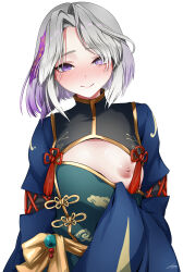 Rule 34 | 1girl, absurdres, blush, character request, china dress, chinese clothes, cleavage cutout, clothing cutout, commission, copyright request, dress, grey hair, highres, kanda mijinko, looking at viewer, medium hair, multicolored hair, nipples, parted bangs, pulling own clothes, purple eyes, purple hair, signature, simple background, solo, white background