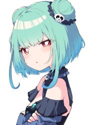 Rule 34 | 1girl, absurdres, blue dress, blunt bangs, breasts, bright pupils, commentary request, crossed arms, detached sleeves, double bun, dress, from side, green hair, hair bun, hair ornament, hair scrunchie, highres, hololive, looking at viewer, partial commentary, red eyes, scrunchie, short hair, simple background, skull hair ornament, small breasts, solo, triangle mouth, tsukimirin, upper body, uruha rushia, uruha rushia (1st costume), virtual youtuber, white background, white pupils
