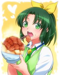 Rule 34 | 0417nao, 10s, 1girl, blush, bow, bowl, eating, food, food on face, food request, green eyes, green hair, green necktie, green sweater vest, hair bow, heart, matching hair/eyes, midorikawa nao, necktie, open mouth, precure, rice, rice on face, smile precure!, solo, sweater vest