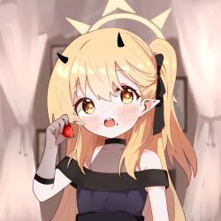 Rule 34 | 1girl, black dress, black horns, blonde hair, blue archive, blush, collarbone, demon horns, dress, food, food on face, fruit, glimer3048, halo, highres, holding, holding food, holding fruit, horns, ibuki (blue archive), ibuki (dress) (blue archive), long hair, official alternate costume, open mouth, pointy ears, side ponytail, solo, upper body, yellow eyes, yellow halo