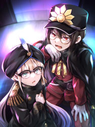 Rule 34 | arm support, belt, belt buckle, bespectacled, black-framed eyewear, black belt, black cape, black hair, black headwear, black jacket, blue hair, brown-framed eyewear, brown hair, buckle, cape, captain nemo (fate), epaulettes, family crest, fate/grand order, fate (series), glasses, gloves, gradient hair, green eyes, hair between eyes, hat, heavy breathing, highres, jacket, long hair, long sleeves, looking at viewer, low twintails, multicolored hair, nemo (fate), oda nobukatsu (fate), oda uri, open mouth, over-kneehighs, pants, peaked cap, red eyes, red pants, red shirt, round eyewear, shirt, tachitsu teto, thighhighs, turban, twintails, very long hair, white gloves, wide sleeves